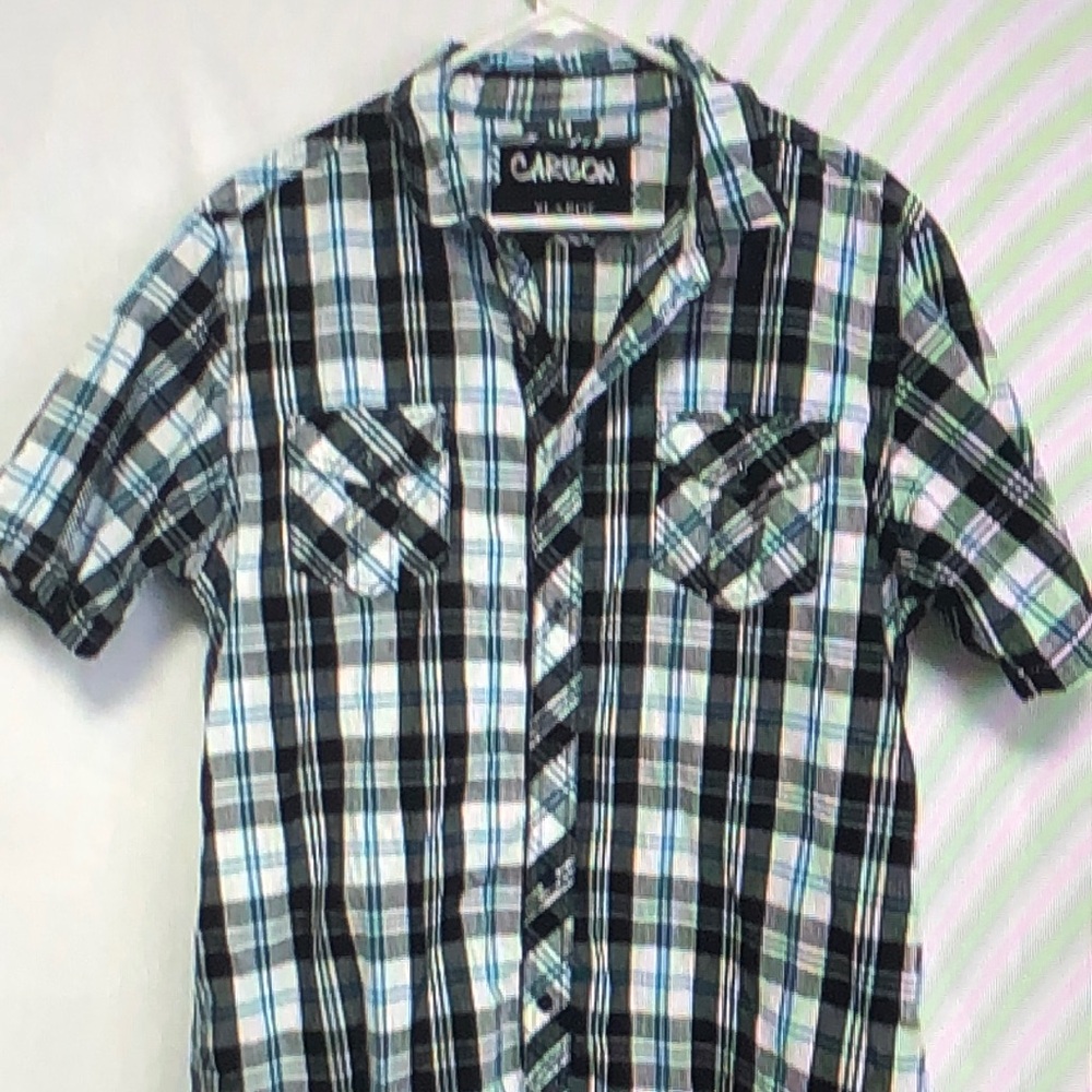 Carbon Men’s‎ XL Button Up Short Sleeve Shirt Plaid Blue White Teal 100% Cotton